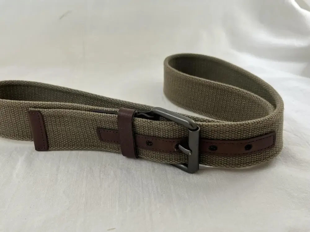 Cotton Leather Belt 40 Brown Trim Military Style Buckle Army Green Beige Webbed